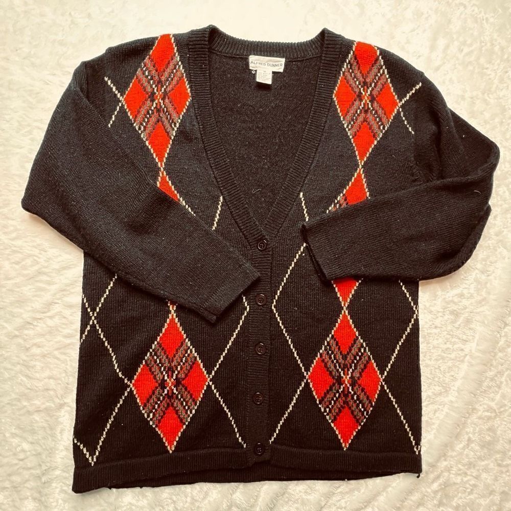 Alfred Dunner Womens Red and Gold V-Neck Wool Plaid Christmas Cardigan Medium